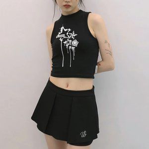 (S) Korean Kpop Ugly Shadow Black Pleated Skirt with Under Shorts
